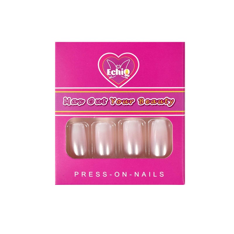 EchiQ Pearl Shine Glossy Fake Nails Shimmer White Square French Nail Ombre Faux Ongles Gradient Medium Fingernails with Gluetabs - Image 2